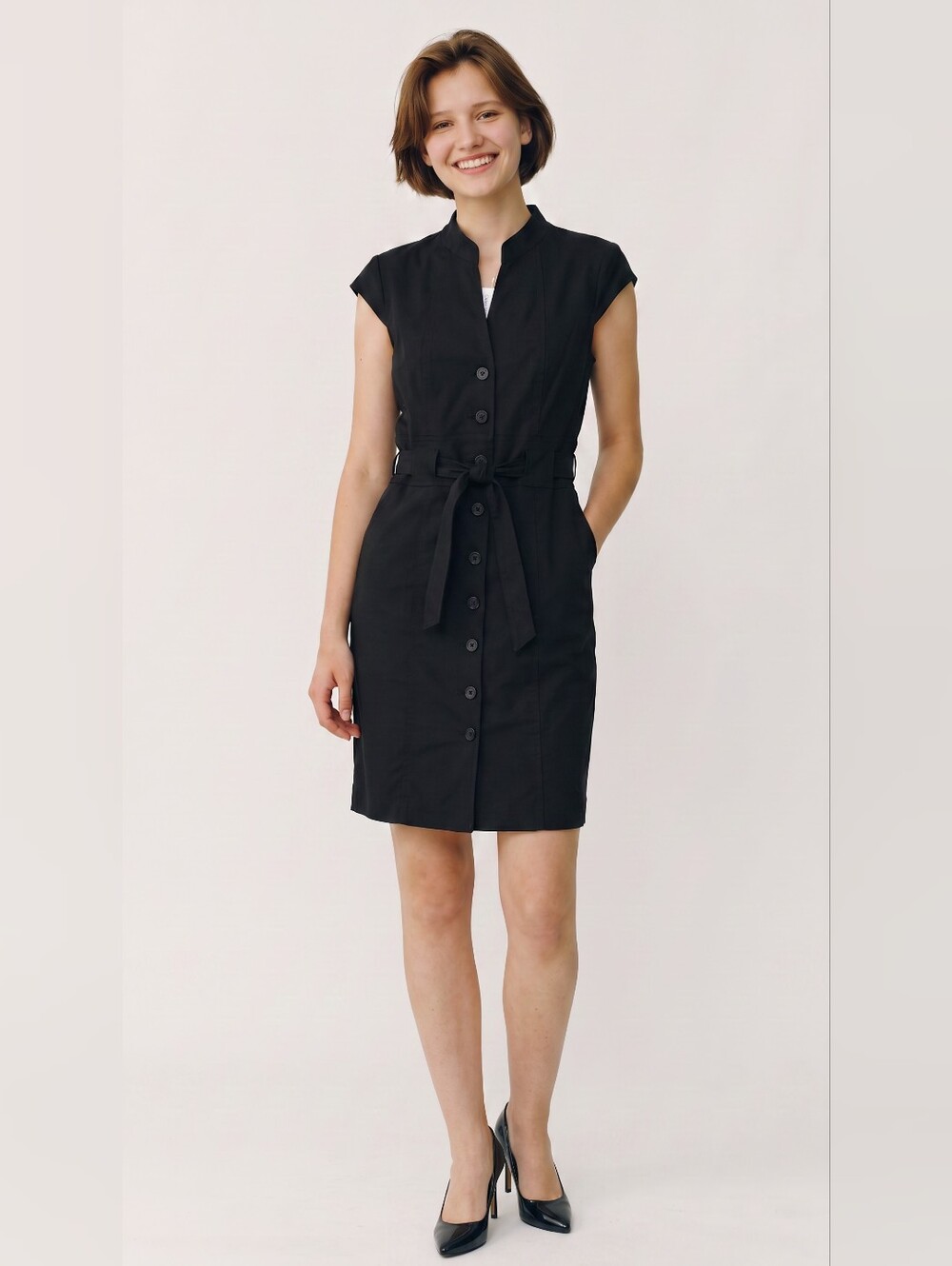 Calvin Klein Black Cap-Sleeve Button-Front Belted Midi Dress